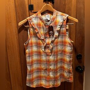 Blake Shelton by Land’s End Plaid Sleeveless Snap Top - Orange & White